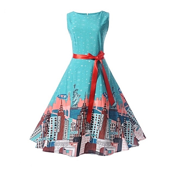 Retro Unique New York City Print Fit Flare A-line Midi Party Sleeveless Dress - Picture 3 of 8